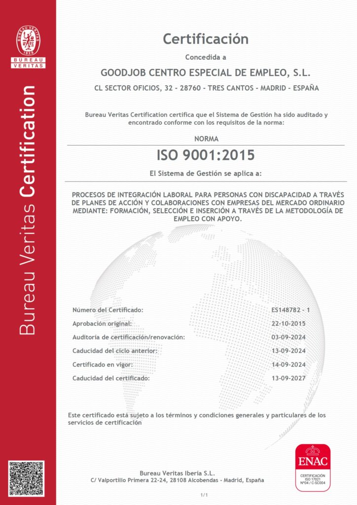 Certificación ISO 9001:2015 GOODJOB CENTRO ESPECIAL DE EMPLEO