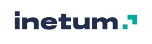 Logotipo de Inetum en fondo transparente, con texto en color azul oscuro y detalles geométricos en verde.
